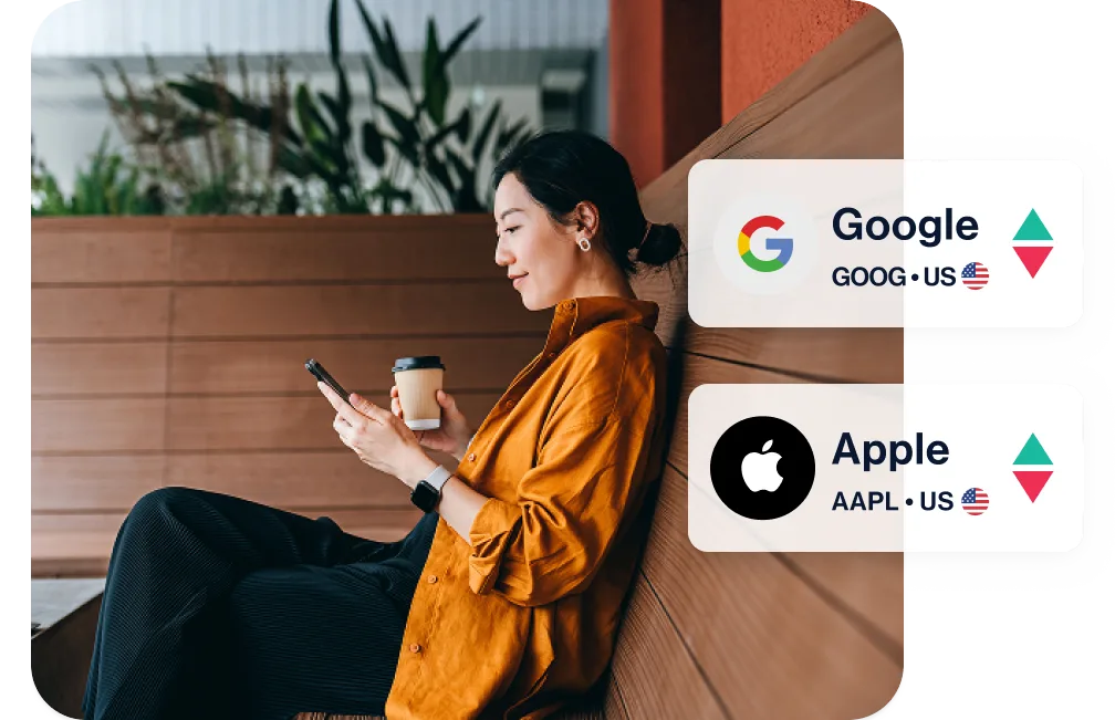 International Conditional Orders banner with Google and Apple tickers and person on phone.